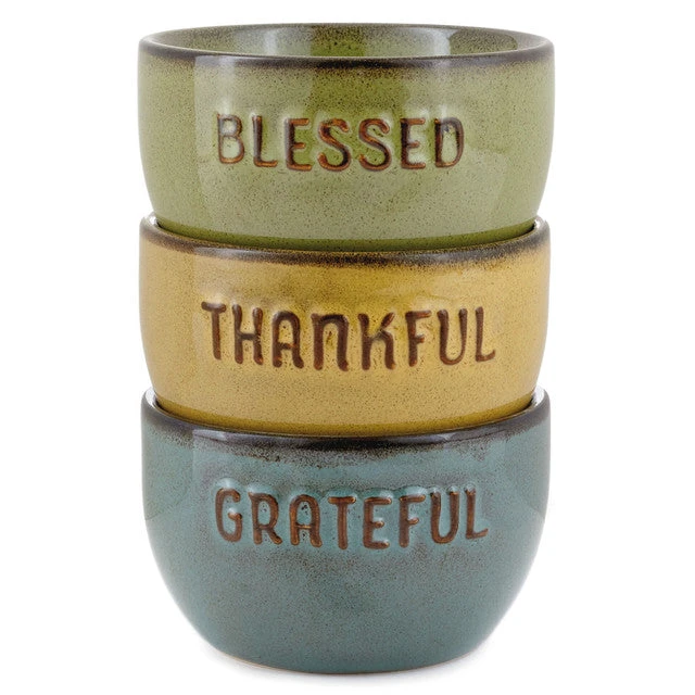 Grateful Thankful Blessed Glazed Ceramic Bowls, Set Of 3 1 Grateful Thankful Blessed Glazed Ceramic Bowls, Set Of 3